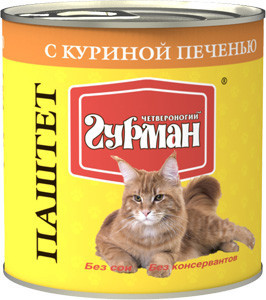 Консервированный корм для взрослых кошек Четвероногий Гурман паштет с куриной печенью 240 г