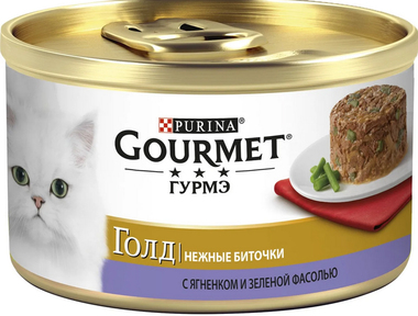 Консервированный корм для взрослых кошек Gourmet Gold нежные биточки с ягненком и зеленой фасолью 85 гр