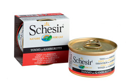Консервированный корм для взрослых кошек Schesir на основе тунца с креветками 85 г