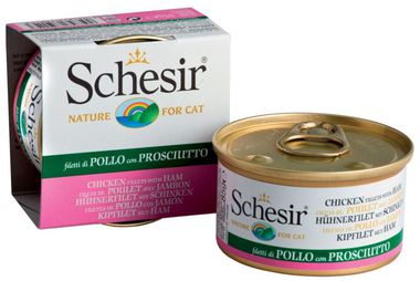 Консервированный корм для взрослых кошек Schesir на основе куриного филе и ветчины 85 г