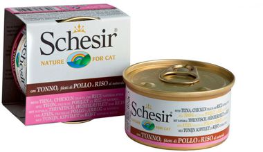 Консервированный корм для взрослых кошек Schesir на основе тунца, курицы и риса 85 г