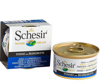 Консервированный корм для взрослых кошек Schesir на основе тунца со снетками 85 г