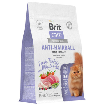 Сухой корм для взрослых кошек Brit Care Cat Anti-Hairball с белой рыбой и индейкой 400 гр, 1,5 кг