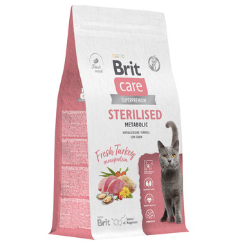 Сухой корм для взрослых кошек, склонных к излишнему весу Brit Care Cat Sterilised Metabolic с индейкой 400 гр, 1,5 кг