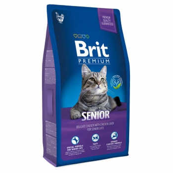 Полнорационный корм премиум-класса для пожилых кошек Brit Premium Cat Senior с курицей в соусе из куриной печени 300 гр, 800 гр, 1,5 кг, 8 кг