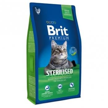  Полнорационный корм премиум-класса для кастрированных котов и стерилизованных кошек Brit Premium Cat Sterilised с курицей в соусе из куриной печени 300 гр, 800 гр, 1,5 кг, 8 кг