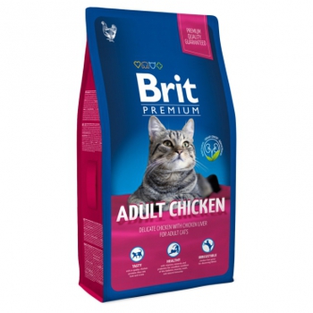 Полнорационный корм премиум-класса взрослых кошек Brit Premium Cat Adult Chicken с курицей в соусе из куриной печени 300 гр, 800 гр, 1,5 кг, 8 кг
