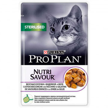 Консервированный корм для стерилизованных кошек и кастрированных котов Pro Plan Nutrisavour Sterilised Adult с индейкой в желе 85 гр