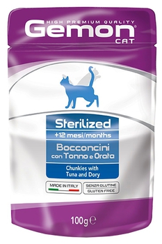 Консервированный корм для взрослых стерелизованых кошек Gemon Pouch Sterilized с тунцом и рыбой дори