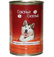 Консервы для собак  Собачье счастье, говядина с потрошками в желе 410 г, 750 гр
