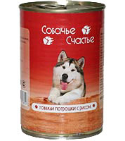  Консервы для собак Собачье счастье,  говяжьи потрошки с рисом