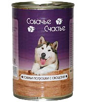  Консервы для собак Собачье счастье,  говяжьи потрошки с овощами 410 г, 750 гр