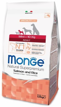 Сухой корм для взрослых мини пород Monge Dog Speciality Line Mini,  лосось с рисом  800 гр, 2,5 кг, 7,5 кг