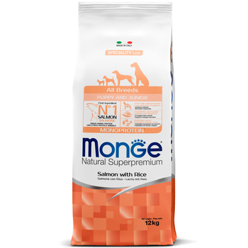 Сухой корм для щенков всех пород Monge Dog Speciality Line Puppy and Junior,  лосось с рисом  800 гр, 2,5 кг, 12 кг