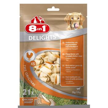 Лакомство для собак мелких пород  8in1 Delights Bones XS/7,5 см,  костички с куриным мясом, обернутые сыромятной кожей 21 шт