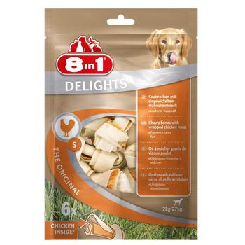 Лакомство для собак мелких пород 8in1 Delights Bones S/11 см косточки с куриным мясом, обернутые сыромятной кожей 6 шт. в пакете