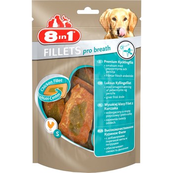 Лакомство для собак мелких и средних пород 8in1 Fillets pro breath S для свежего дыхания, куриное филе 80 гр