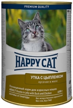 Консервированный корм для взрослых кошек Happy Cat, кусочки в желе с уткой и цыпленком, 400 г