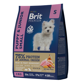 Сухой корм премиум-класса для щенков и молодых собак (1–12 месяцев) мелких пород (1–10 кг) Brit Premium Dog Puppy and Junior Small с курицей 1 кг, 3 кг