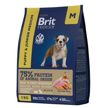 Сухой корм премиум-класса  для щенков и молодых собак (1-12 месяцев) средних пород Brit Premium Dog Puppy and Junior Medium с курицей 1 кг, 8 кг