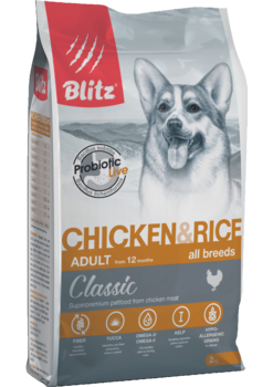 Сухой корм для взрослых собак всех пород курица с рисом Blitz Classic Chicken & Rice Adult Dog All Breeds 2 кг, 15 кг