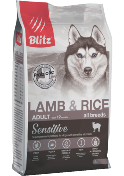 Сухой корм для взрослых собак всех пород ягненок с рисом Blitz Sensitive Lamb & Rice Adult Dog All Breeds 2 кг, 15 кг