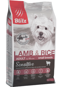 Сухой корм для взрослых собак мелких пород ягненк и рис Blitz Sensitive Lamb & Rice Adult Dog Small Breeds 500 гр, 2 кг, 7 кг