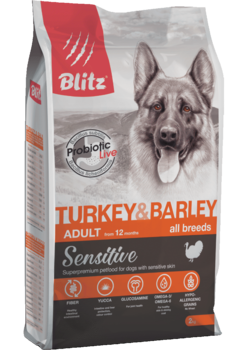 Сухой корм для взрослых собак всех пород с индейкой и ячменем BLitz Sensitive Turkey & Barley Adult Dog All Breeds 2 кг, 15 кг