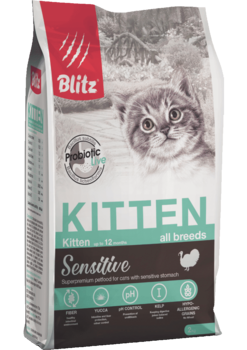Сухой корм для котят, беременных и кормящих кошек с индейкой Blitz Sensitive Kitten All Breeds 400 гр, 2 кг, 10 кг