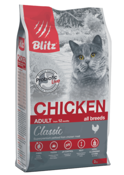 Сухой корм для взрослых кошек курица Blitz Classic Chicken Adult Cats All Breeds 400 гр, 2 кг, 10 кг