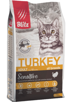 Сухой корм для взрослых  кошек индейка Blitz Sensitive Turkey Adult Cat All Breeds 400 гр, 2 кг, 10 кг