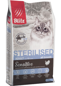 Сухой корм для стерилизованных кошек индейка Blitz Sensitive Turkey Adult Sterilised Cat All Breeds 400 гр, 2 кг, 10 кг