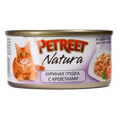 Полноценный консервированный корм для взрослых кошек Petreet с куриной грудкой и креветками