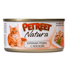 Полноценный консервированный корм для взрослых кошек Petreet с куриной грудкой и лососем