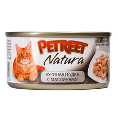 Полноценный консервированный корм для взрослых кошек Petreet с куриной грудкой с оливками