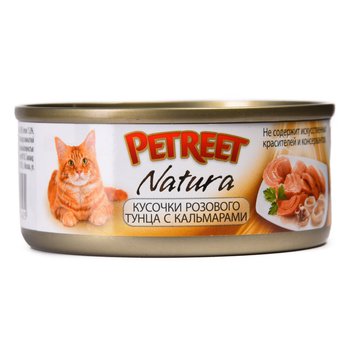 Полноценный консервированный корм для взрослых кошек Petreet кусочки розового тунца с кальмарами 70 гр.