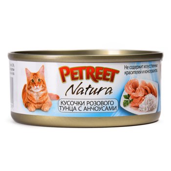 Полноценный консервированный корм для взрослых кошек Petreet кусочки розового тунца с анчоусами 70 гр.