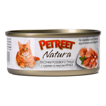 Полноценный консервированный корм для взрослых кошек Petreet кусочки розового тунца с крабом сурими 70 гр.