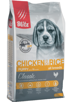 Сухой корм для щенков всех пород курица с рисом Blitz Classic Chicken & Rice Puppy All Breeds 2 кг, 15 кг