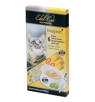 Лакомство для кошек Edel Cat крем-суп, с птицей и печенью, для улучшения шерсти, 1х6 шт 90 гр