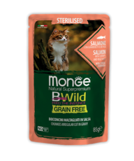 Влажный корм для кошек Monge Cat BWild Grain Free паучи из лосося с креветками и овощами 85гр