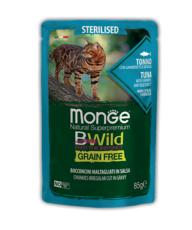 Влажный корм для кошек Monge Cat BWild Grain Free паучи из тунца с креветками и овощами 85гр