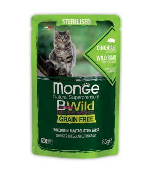 Влажный корм для кошек Monge Cat BWild Grain Free паучи из мяса кабана с овощами 85гр