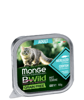 Влажный корм для взрослых кошек Monge BWild Cat Grain Free Paté terrine Merluzzo из трески с овощами 100гр