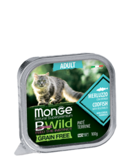 Влажный корм для взрослых кошек Monge BWild Cat Grain Free Paté terrine Merluzzo из трески с овощами 100гр