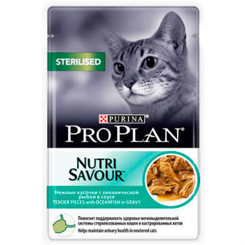 Влажный корм для стерилизованных кошек и кастрированных котов Pro Plan Nutrisavour Sterilised с океанической рыбой в соусе 85 гр