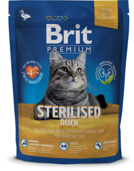 Сухой корм Brit Premium Cat Sterilised для стерилизованных/кастрированных кошек и котов, Утка, курица и куриная печень 300 гр, 800 гр, 1,5 кг