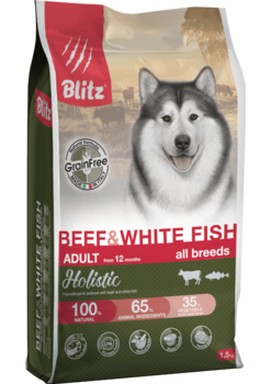 Беззерновой сухой корм для взрослых собак всех пород говядина и белая рыба Blitz Holistic Beef & White Fish Adult Dog All Breeds (Grain Free) 500 гр, 1,5 кг, 12 кг