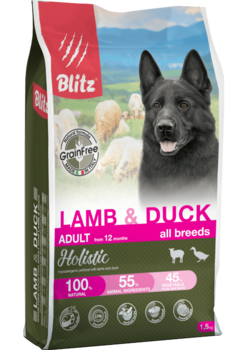 Беззерновой сухой корм для взрослых собак всех пород ягненок и утка Blitz Holistic Lamb & Duck Adult Dog All Breeds (Grain Free) 1,5 кг, 12 кг