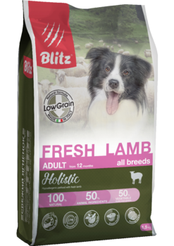Низкозерновой сухой корм для взрослых собак всех пород свежий ягненок Blitz Holistic Fresh Lamb Adult Dog All Breeds (Low Grain) 500 гр, 1,5 кг, 12 кг